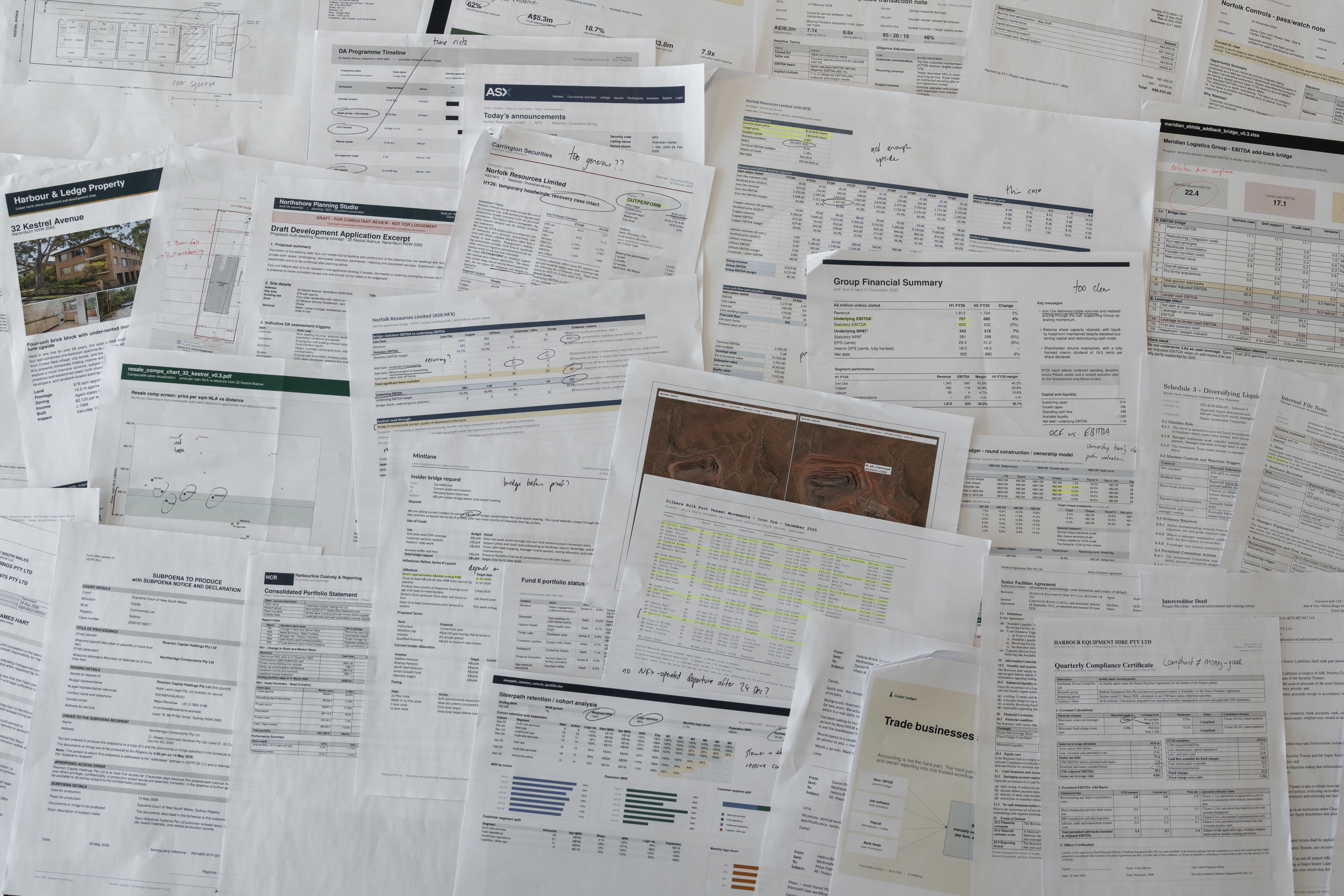 A research analyst's desk with financial summaries, source documents, and synthesis notes connecting the evidence.